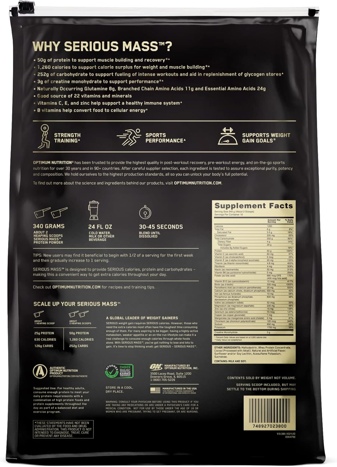 Optimum Nutrition Serious Mass (Chocolate flavour, Net Wt 12 LB 5.44 KG, 16 Servings)