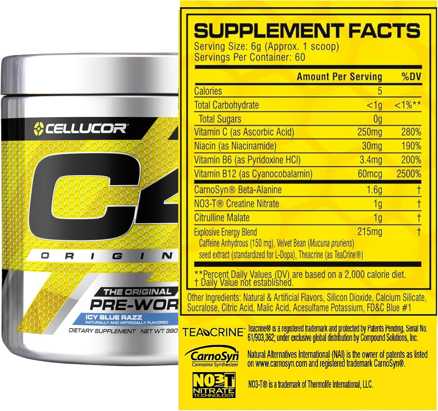 Cellucor C4 Original Explosive Pre-Workout (Icy Blue Razz Flavour, 60 Servings, Net Wt 13.8 OZ 390g)