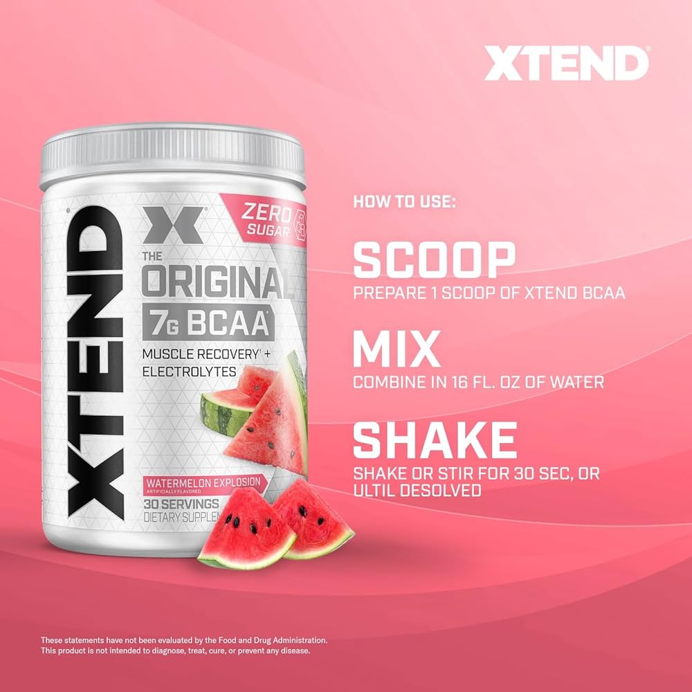 Xtend BCAA – The Original 7 g BCAA Muscle Recovery + Electrolytes (Zero Sugar,Flavour watermelon explosion, 30 servings, 390 g)