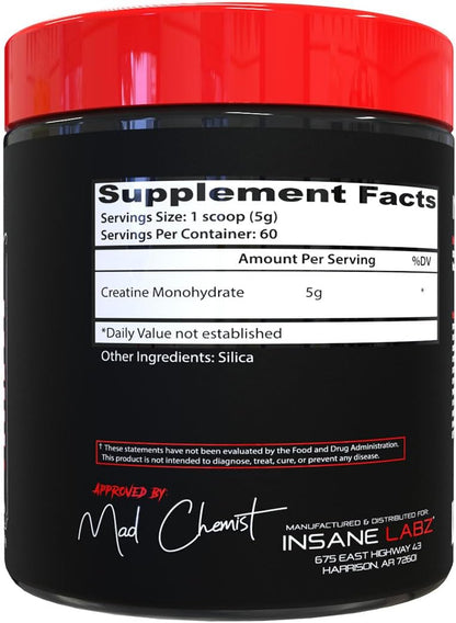 Insane Labz Creatine Monohydrate (Unflavored, Net Wt 10.6oz 300g, 60 Servings)