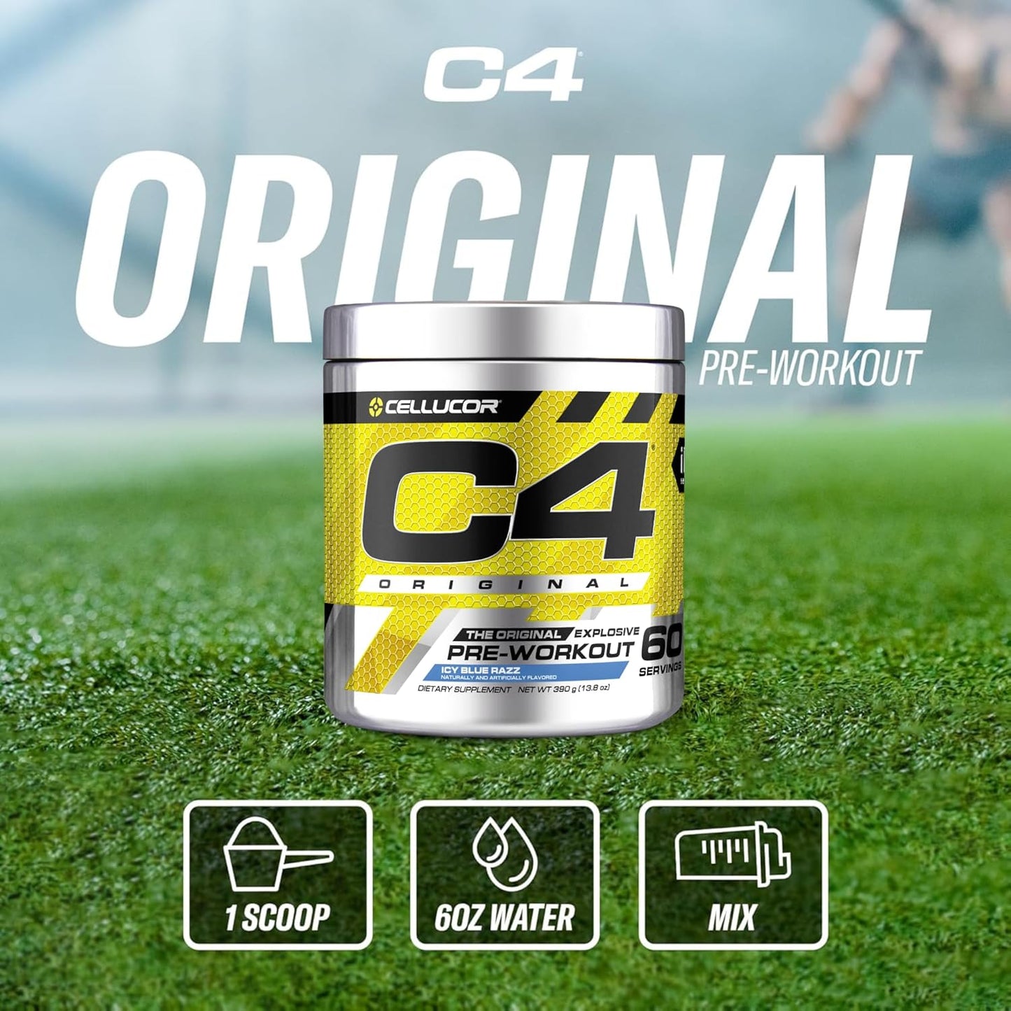 Cellucor C4 Original Explosive Pre-Workout (Icy Blue Razz Flavour, 60 Servings, Net Wt 13.8 OZ 390g)