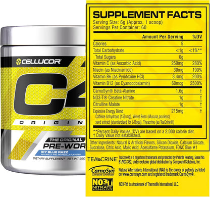 Cellucor C4 Original Explosive Pre-Workout (Icy Blue Razz Flavour, 60 Servings, Net Wt 13.8 OZ 390g)
