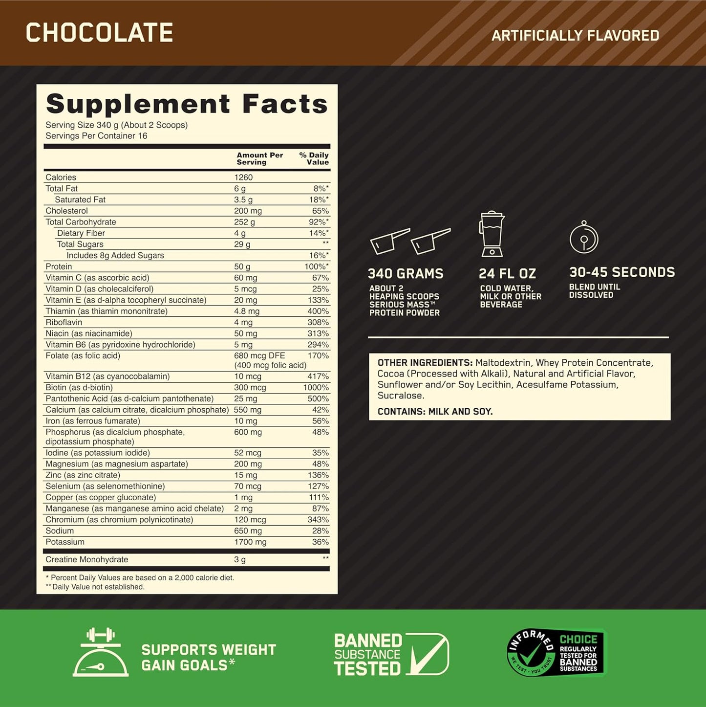 Optimum Nutrition Serious Mass (Chocolate flavour, Net Wt 12 LB 5.44 KG, 16 Servings)