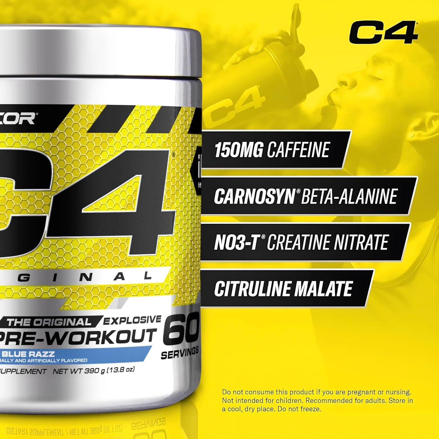 Cellucor C4 Original Explosive Pre-Workout (Icy Blue Razz Flavour, 60 Servings, Net Wt 13.8 OZ 390g)
