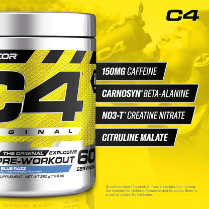 Cellucor C4 Original Explosive Pre-Workout (Icy Blue Razz Flavour, 60 Servings, Net Wt 13.8 OZ 390g)