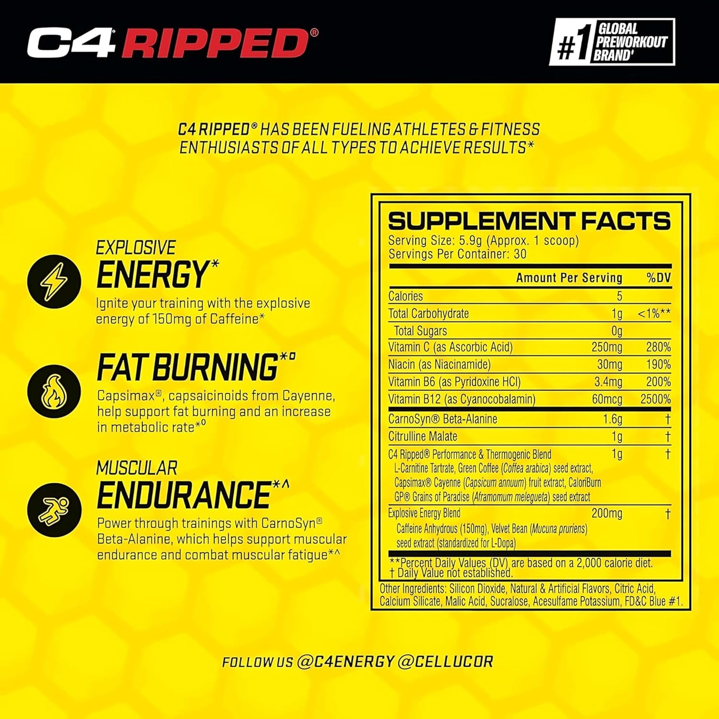 Cellucor C4 Pre-Workout Ripped (Icy Blue Razz flavour, Net Wt 189 g, 30 Servings)