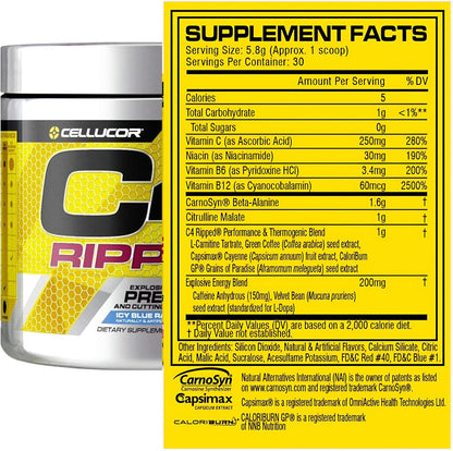Cellucor C4 Pre-Workout Ripped (Icy Blue Razz flavour, Net Wt 189 g, 30 Servings)