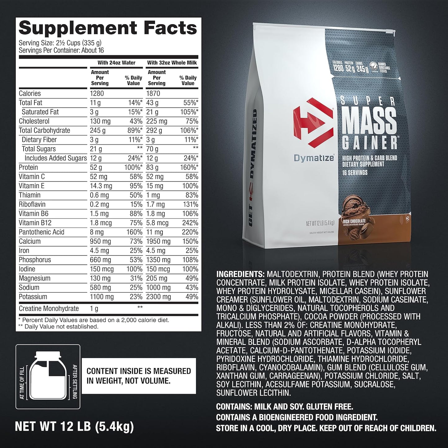 Dymatize Super Mass Gainer (Rich Chocolate flavour, Net Wt 12 LB 5.4 KG, 16 Servings)