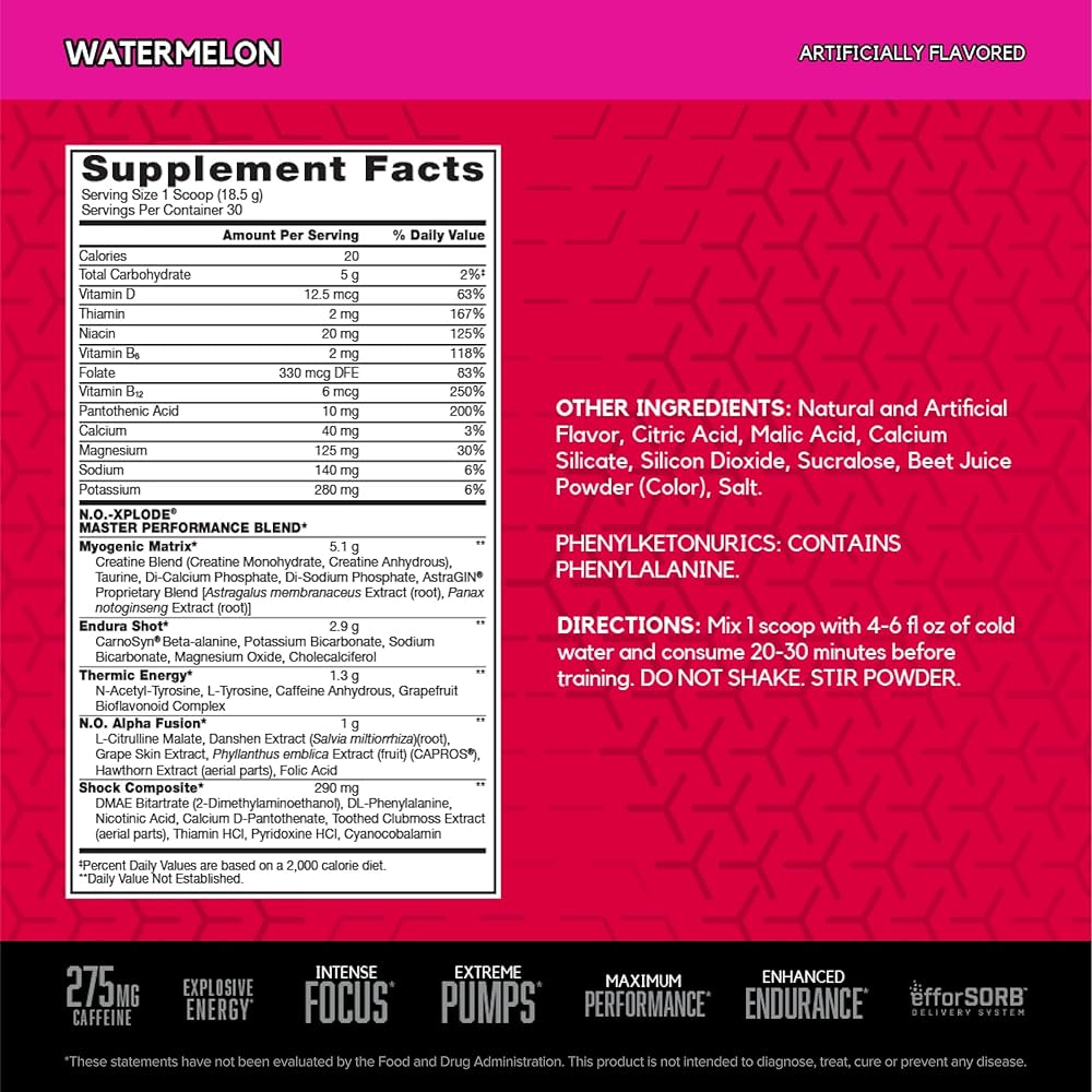 BSN NO-Xplode Pre-Workout (watermelon flavour, Net Wt 555 g, 30 Servings)