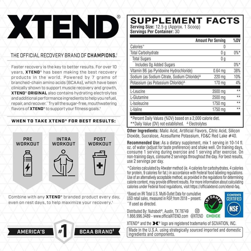 Xtend BCAA – The Original 7 g BCAA Muscle Recovery + Electrolytes (Zero Sugar,Flavour watermelon explosion, 30 servings, 390 g)