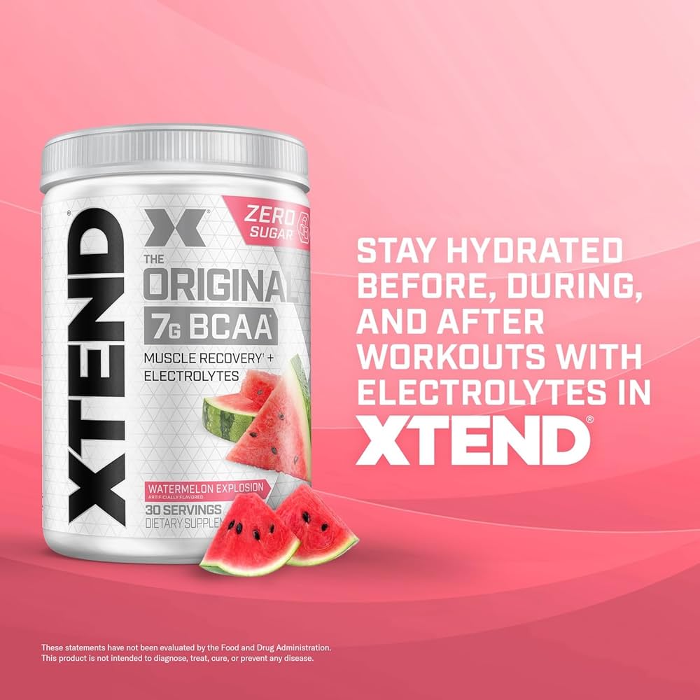 Xtend BCAA – The Original 7 g BCAA Muscle Recovery + Electrolytes (Zero Sugar,Flavour watermelon explosion, 30 servings, 390 g)