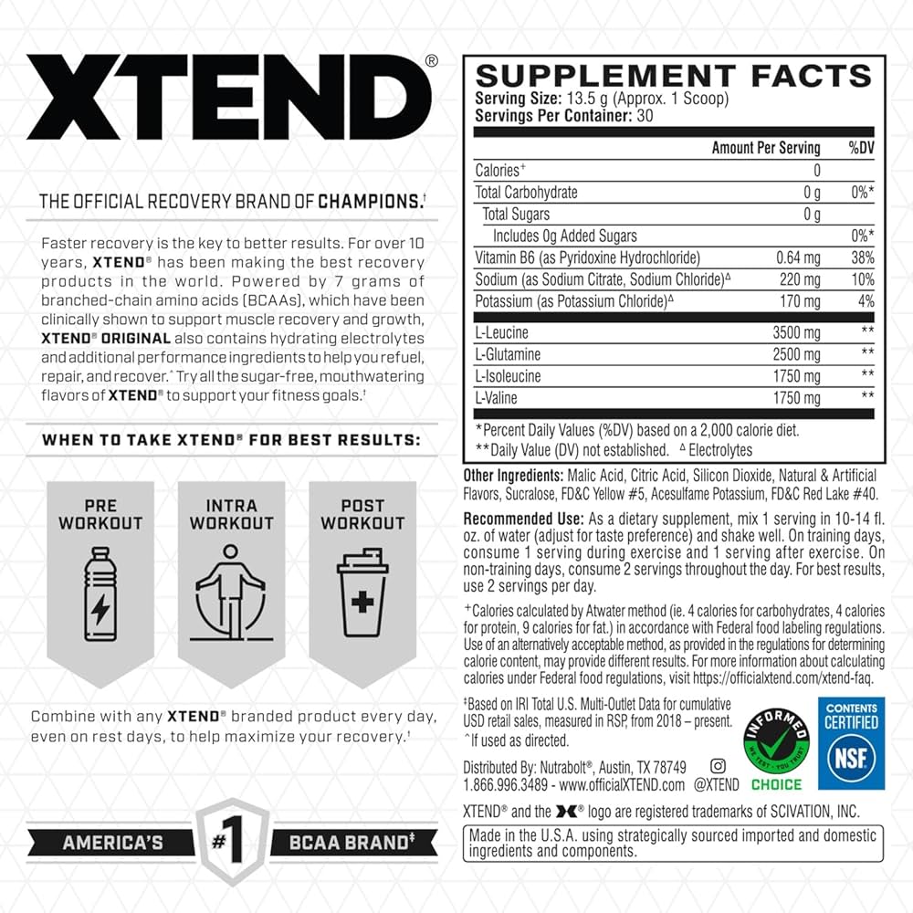 Xtend BCAA – The Original 7 g BCAA Muscle Recovery + Electrolytes (Zero Sugar,Flavour Mango Madness, 30 servings, 390 g)