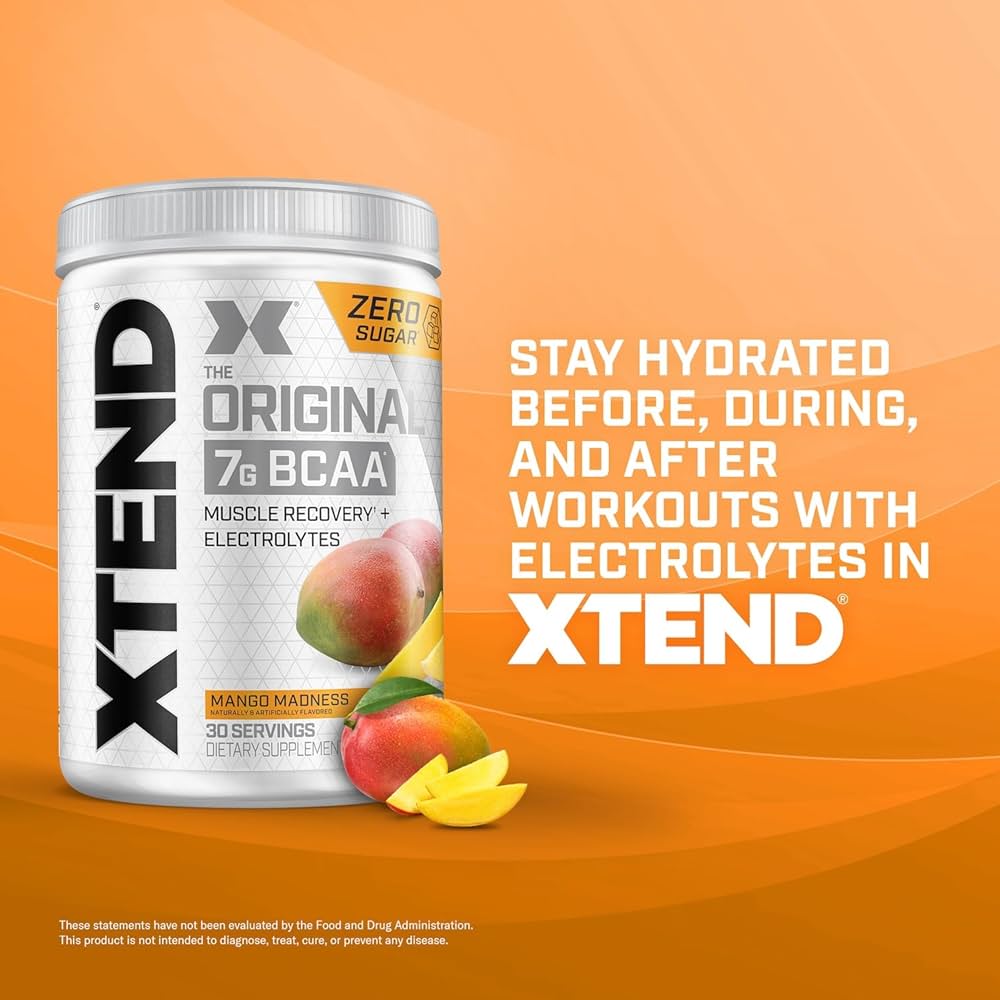 Xtend BCAA – The Original 7 g BCAA Muscle Recovery + Electrolytes (Zero Sugar,Flavour Mango Madness, 30 servings, 390 g)