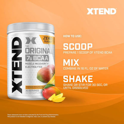 Xtend BCAA – The Original 7 g BCAA Muscle Recovery + Electrolytes (Zero Sugar,Flavour Mango Madness, 30 servings, 390 g)