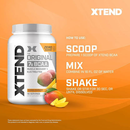 Xtend BCAA – The Original 7 g BCAA Muscle Recovery + Electrolytes (Zero Sugar,Flavour Strawberry Mango Madness, 90 servings, 292 g)