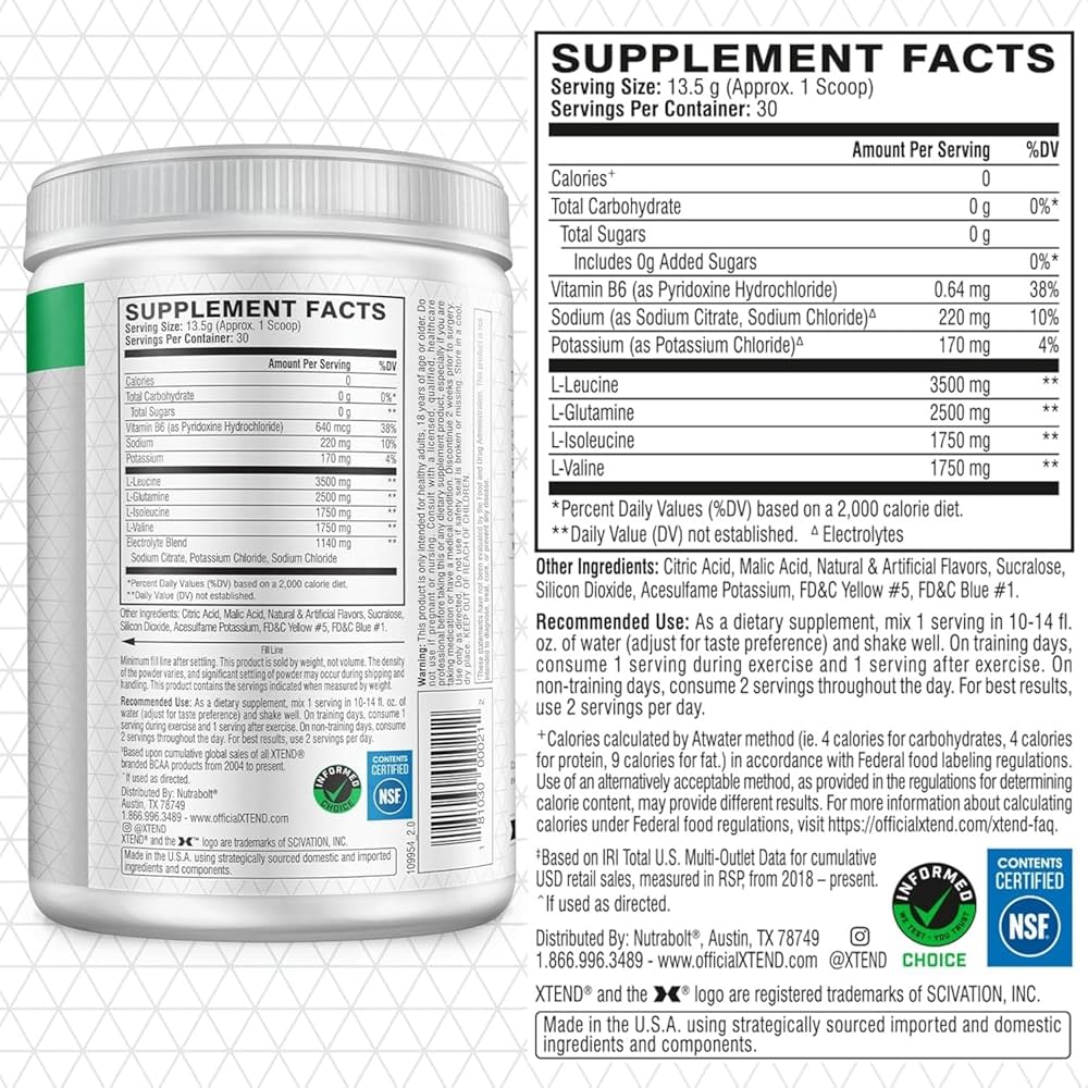 Xtend BCAA – The Original 7 g BCAA Muscle Recovery + Electrolytes (Zero Sugar,Flavour Lemon Lime Squeeze, 30 servings, 405 g)