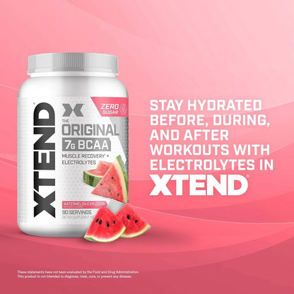 Xtend BCAA – The Original 7 g BCAA Muscle Recovery + Electrolytes (Zero Sugar,Flavour watermelon explosion, 90 servings, 292 g)