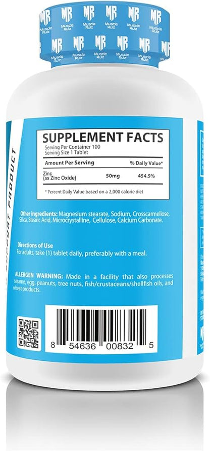 Muscle Riot ZINC 50 mg (Premium Zinc Formula, 120 tablets – 120 servings)