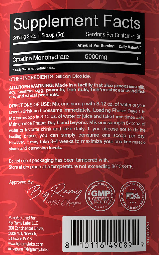 Big Ramy Labs Red Rex Creatine 5000mg (Net Wt 0.66LBS 300g, 60 Servings)